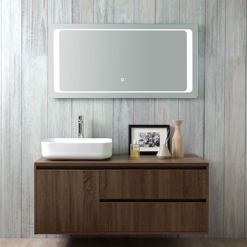 foto del prodotto kiamami valentina mobile bagno in legno noce scuro, lavabo, specchio touch led siena