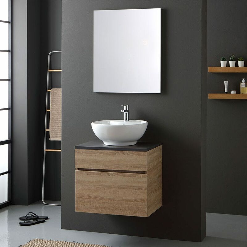 foto del prodotto kiamami valentina mobile bagno quercia top legno antracite lavabo da appoggio tondo sole