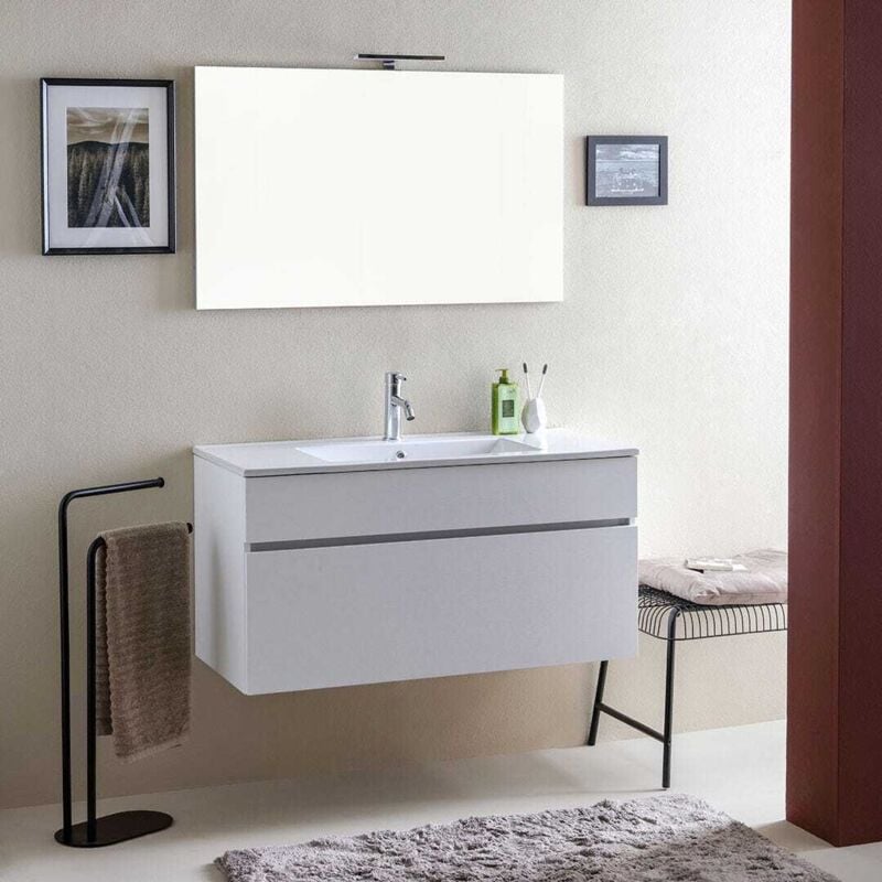 foto del prodotto kiamami valentina mobile bagno sospeso 100 cm con cassettone bianco effetto legno sole