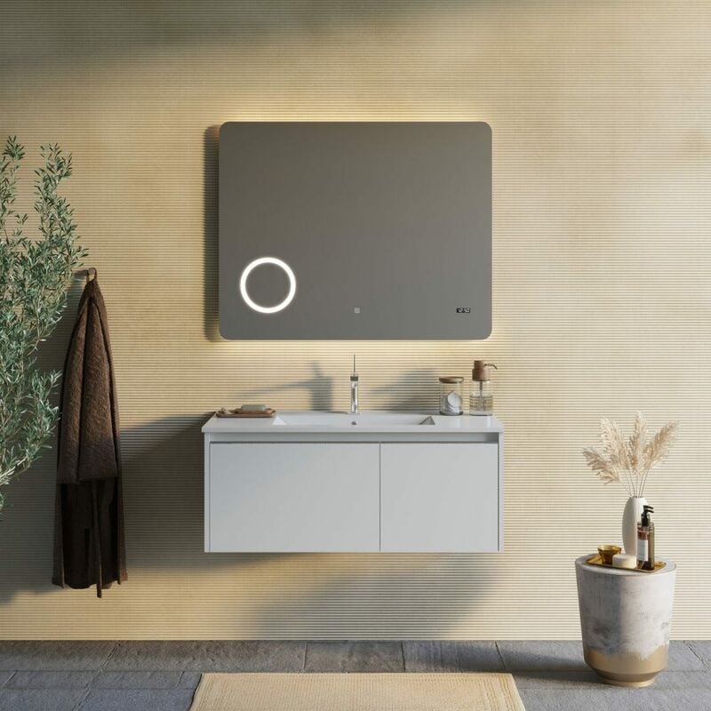 foto del prodotto kiamami valentina mobile bagno sospeso 100cm bianco, specchio touch led e orologio monaco