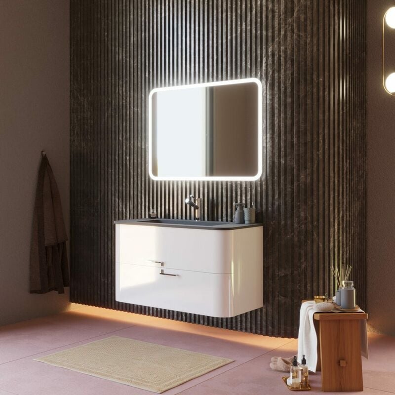 foto del prodotto kiamami valentina mobile bagno sospeso 100cm cassetti bianco lucido con lavabo nero hollywood