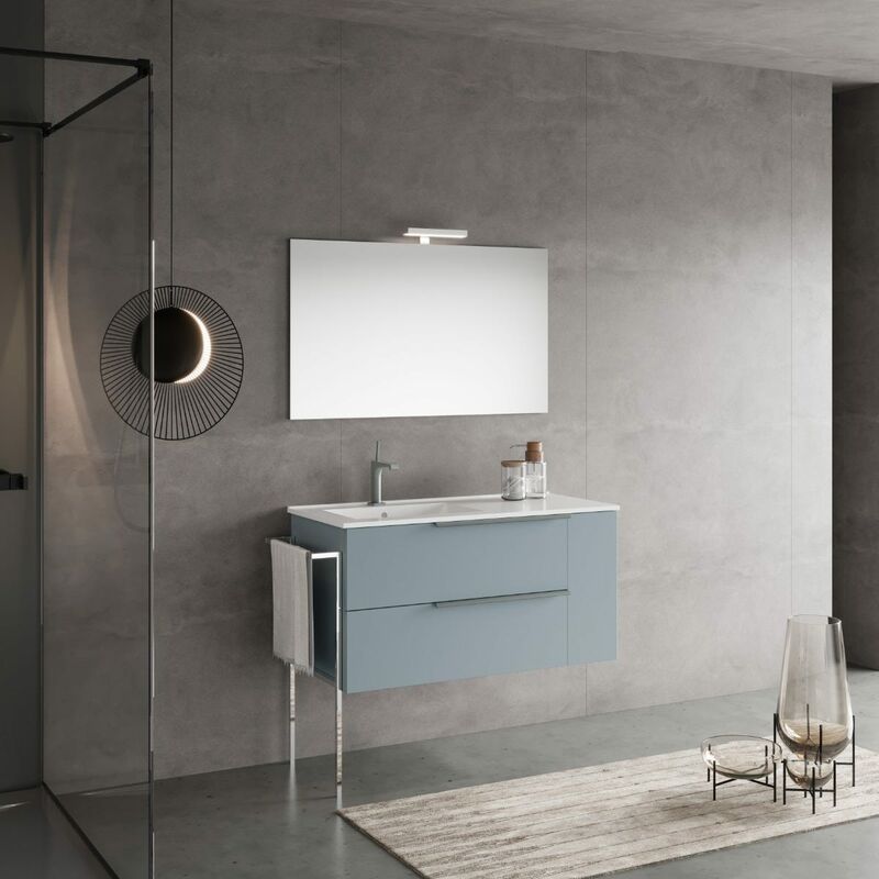 foto del prodotto kiamami valentina mobile bagno sospeso 100cm cassetti celeste opaco, lavabo in ceramica sx new york