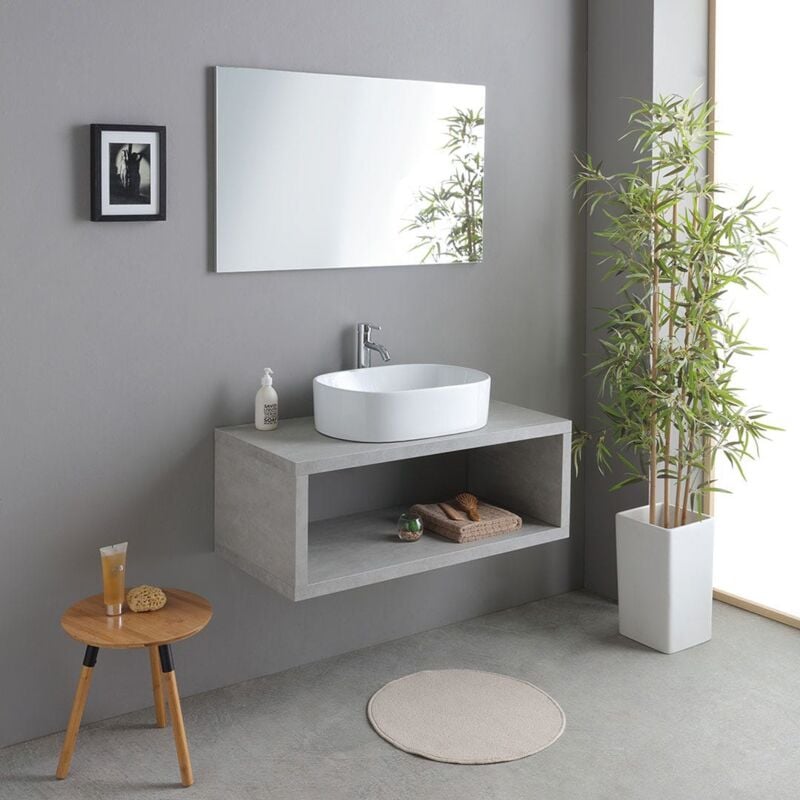 foto del prodotto kiamami valentina mobile bagno sospeso 100cm in cemento con lavabo tondo bianco kyoto
