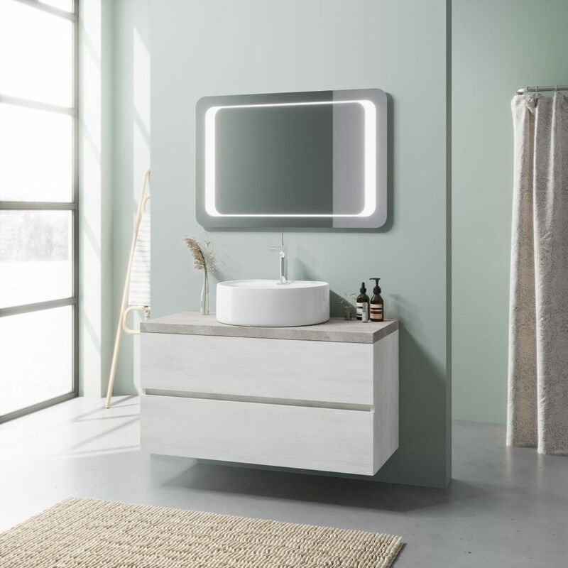 foto del prodotto kiamami valentina mobile bagno sospeso 100cm rovere e beton, lavabo a ciotola, specchio led elba