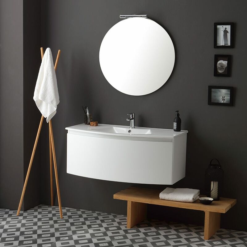 foto del prodotto kiamami valentina mobile bagno sospeso 102 cm bianco lucido con specchio tondo riva