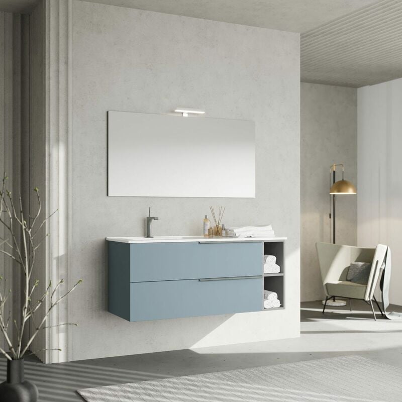 foto del prodotto kiamami valentina mobile bagno sospeso 120 cm 2 cassettoni celeste e vano a giorno new york