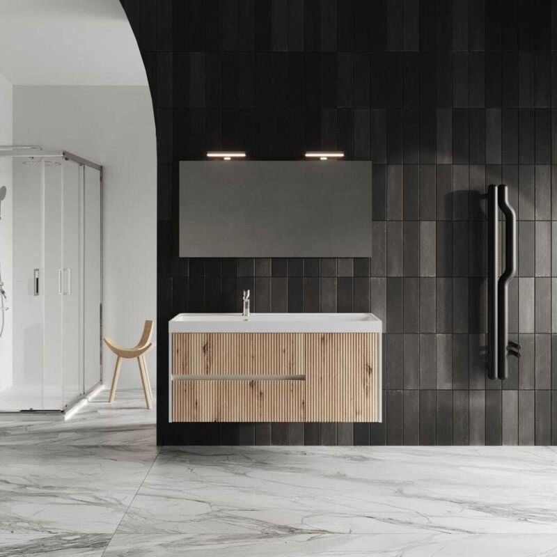foto del prodotto kiamami valentina mobile bagno sospeso 120cm bianco e rovere oro cortina