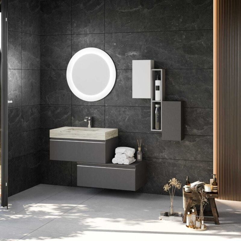 foto del prodotto kiamami valentina mobile bagno sospeso 120cm cassetti grigio scuro e lavabo hpl diamante