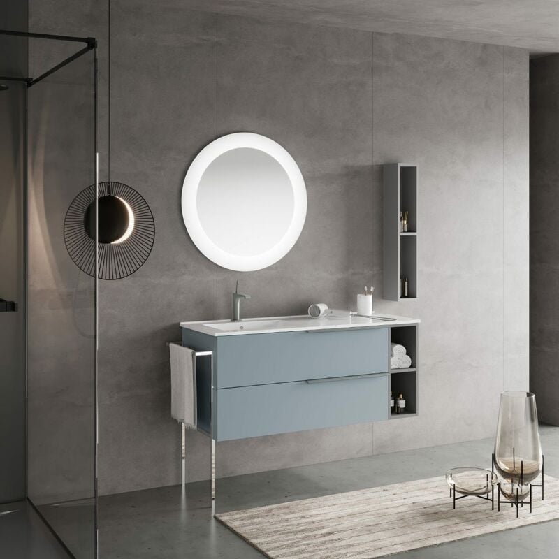 foto del prodotto kiamami valentina mobile bagno sospeso 120cm celeste, lavabo, specchio rotondo new york
