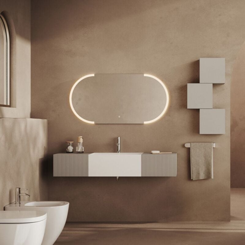foto del prodotto kiamami valentina mobile bagno sospeso 140cm 2 cassetti grigio perla e specchio ovale 120 cm rodi