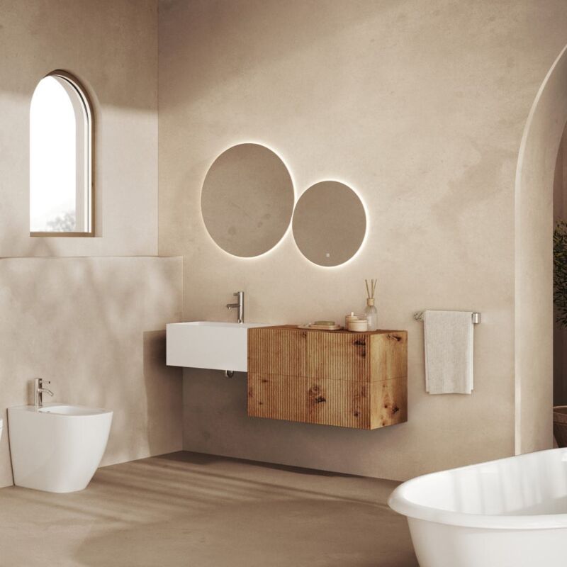 foto del prodotto kiamami valentina mobile bagno sospeso 140cm lavabo bianco e 4 cassetti rovere oro rodi