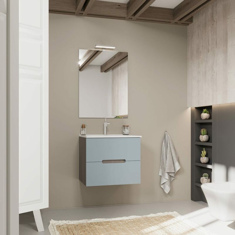 foto del prodotto kiamami valentina mobile bagno sospeso 60cm quercia naturale e frontale blu opaco magnolia