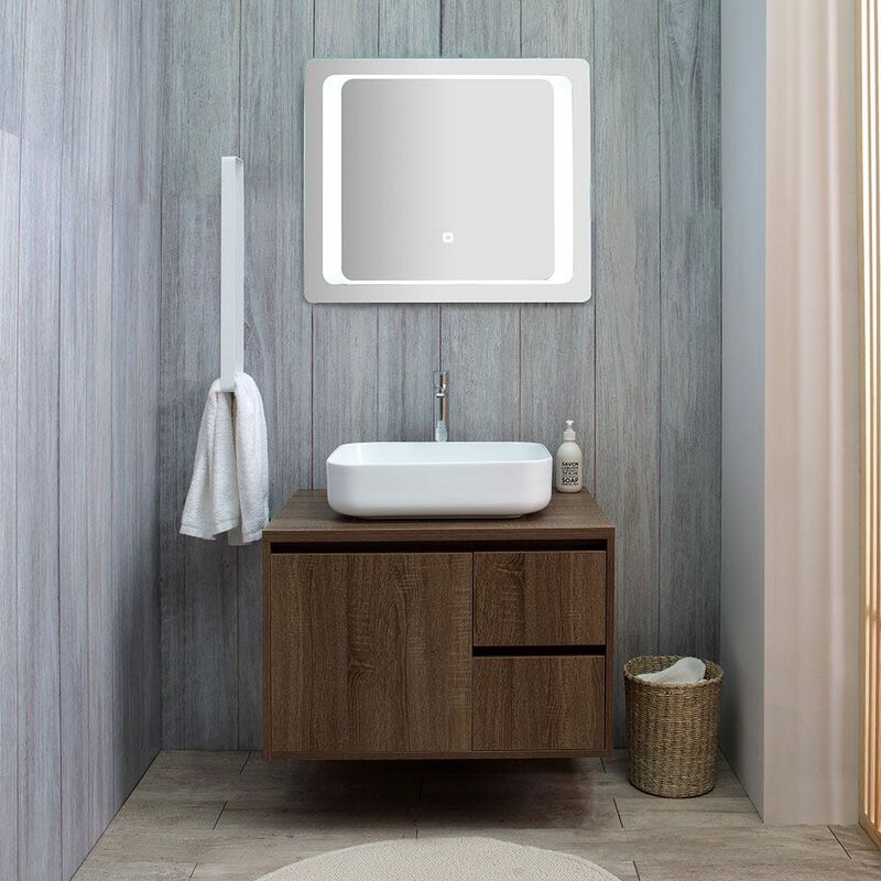 foto del prodotto kiamami valentina mobile bagno sospeso 75 cm noce scuro e specchio led touch siena