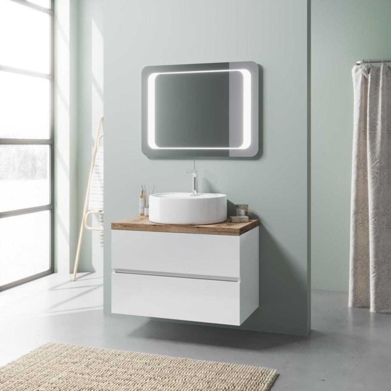 foto del prodotto kiamami valentina mobile bagno sospeso 80 cm bianco, top rovere e lavabo appoggio elba