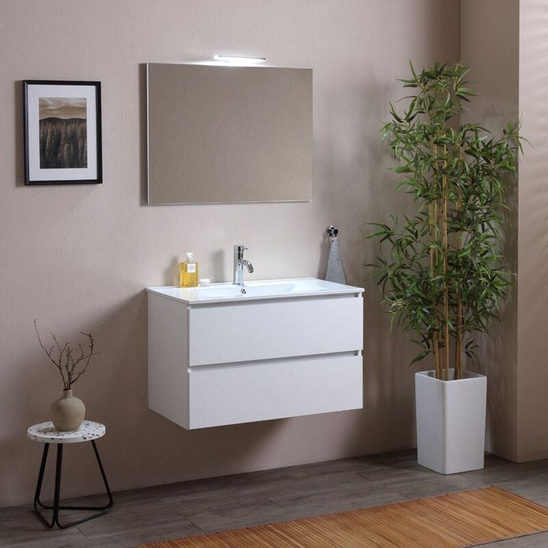 foto del prodotto kiamami valentina mobile bagno sospeso 80 cm con cassetti e lavabo in ceramica bianco berlin