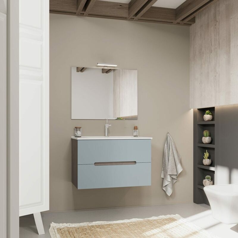 foto del prodotto kiamami valentina mobile bagno sospeso 80cm 2 cassetti colorati blu opaco e quercia magnolia
