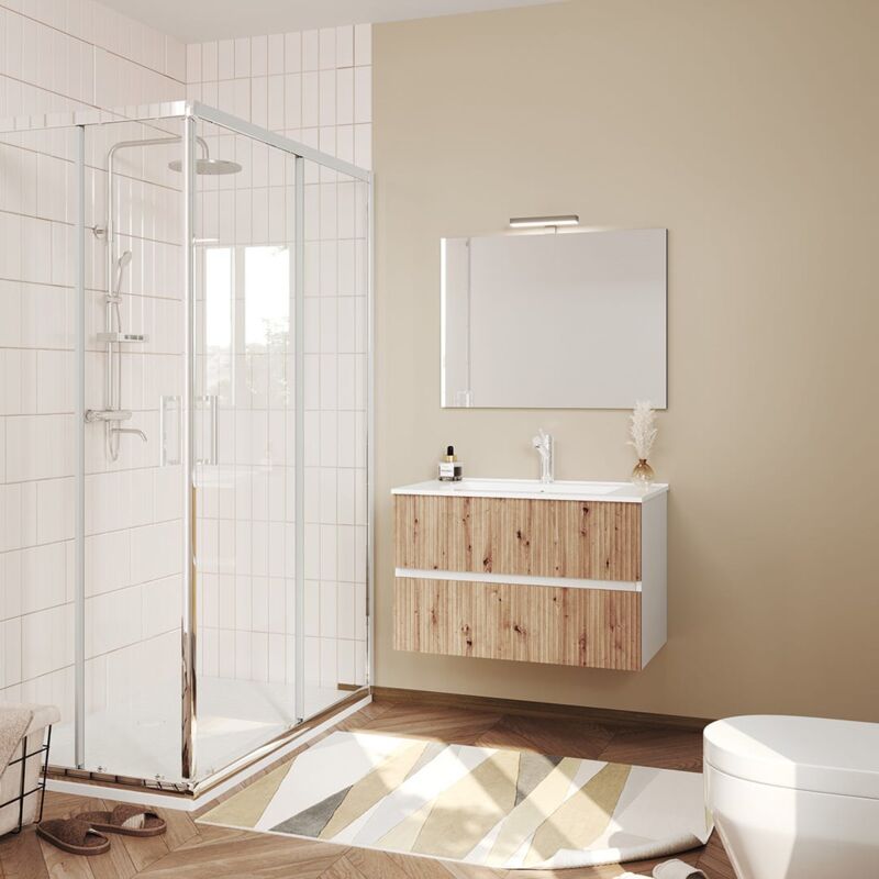 foto del prodotto kiamami valentina mobile bagno sospeso 80cm bianco e rovere cannettato, specchio 80x60 salina