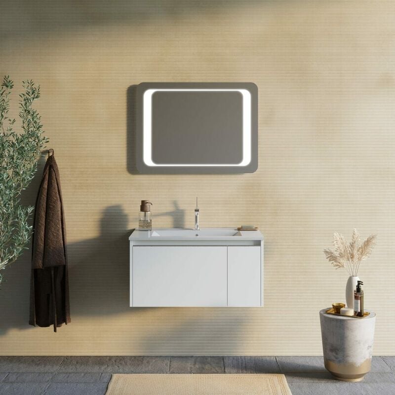 foto del prodotto kiamami valentina mobile bagno sospeso 80cm bianco opaco con specchio led 60x80 monaco