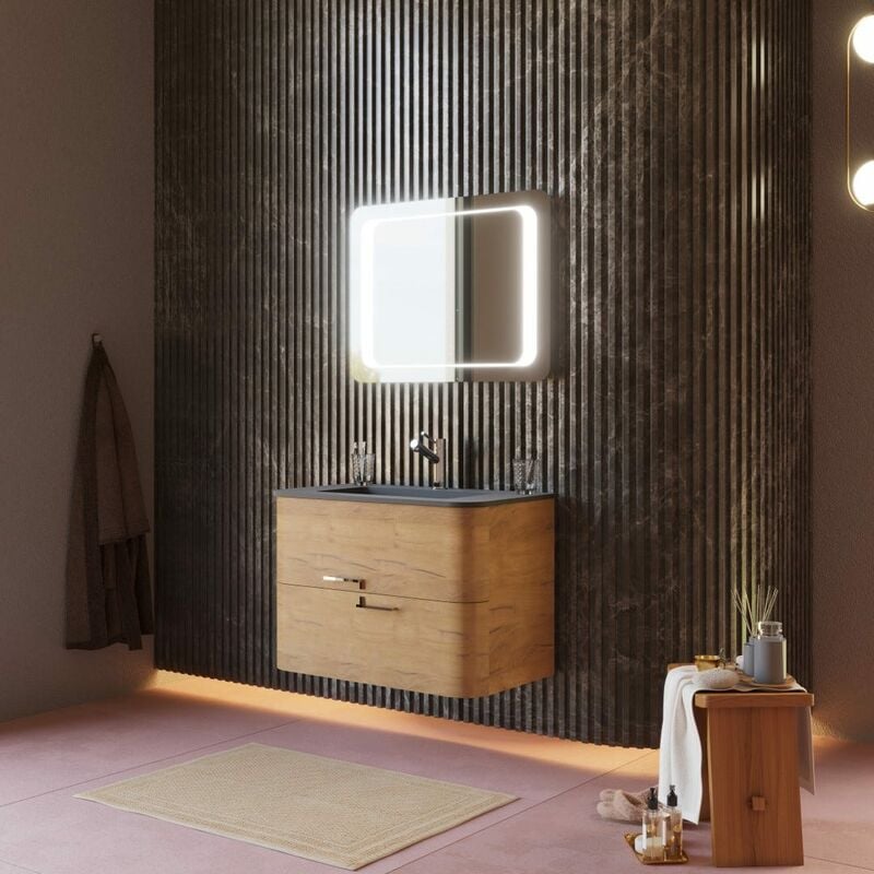 foto del prodotto kiamami valentina mobile bagno sospeso 80cm cassetti rovere miele, lavabo nero opaco hollywood