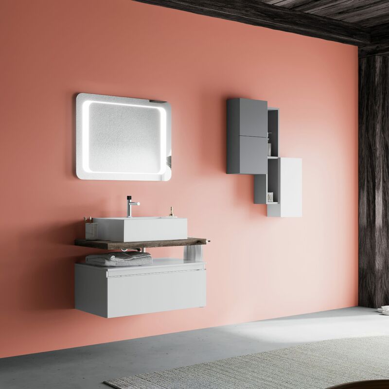 foto del prodotto kiamami valentina mobile bagno sospeso 80cm cassetto bianco, top rovere fossile, lavabo lagos