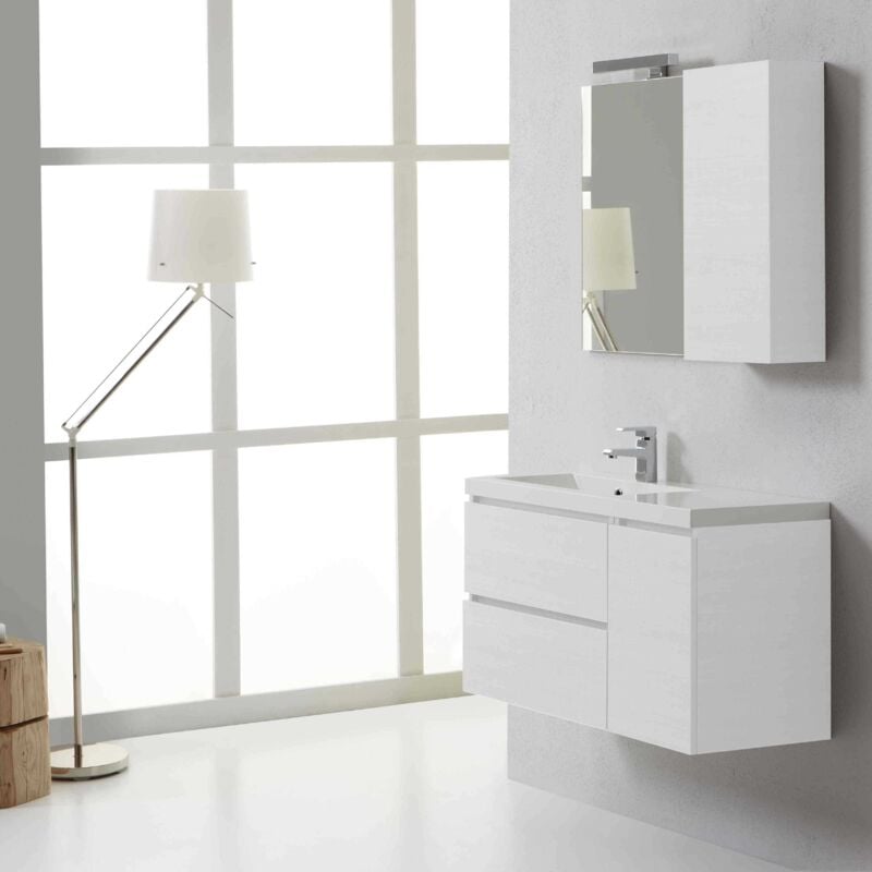 foto del prodotto kiamami valentina mobile bagno sospeso 90 cm cassetti e pensile destro bianco manhattan