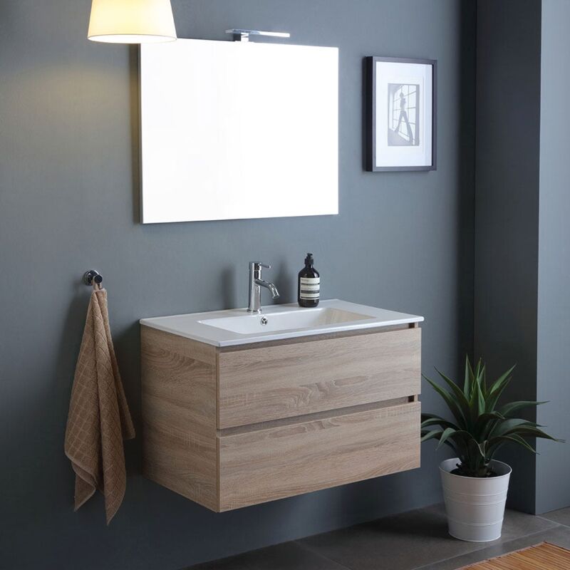 foto del prodotto kiamami valentina mobile bagno sospeso 90cm cassetti rovere, lavabo, specchio berlin