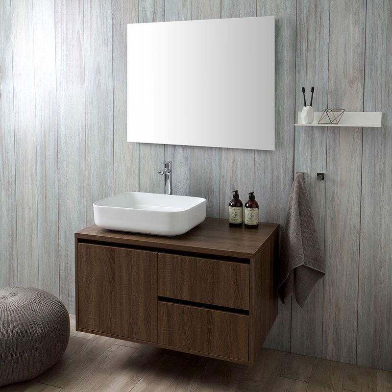 foto del prodotto kiamami valentina mobile bagno sospeso 90cm noce scuro, lavabo appoggio, specchio siena
