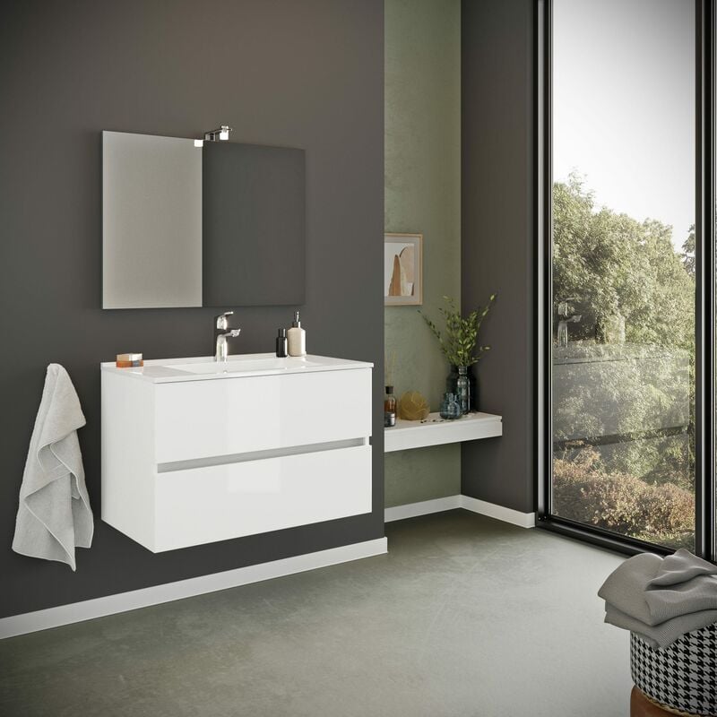 foto del prodotto kiamami valentina mobile bagno sospeso bianco lucido 80cm 2 cassetti benaco