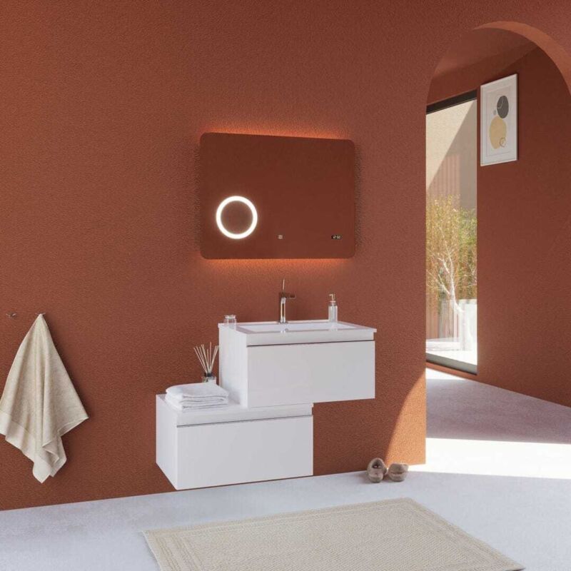 foto del prodotto kiamami valentina mobile bagno sospeso con cassetto decentrato bianco, specchio 80x60 seattle