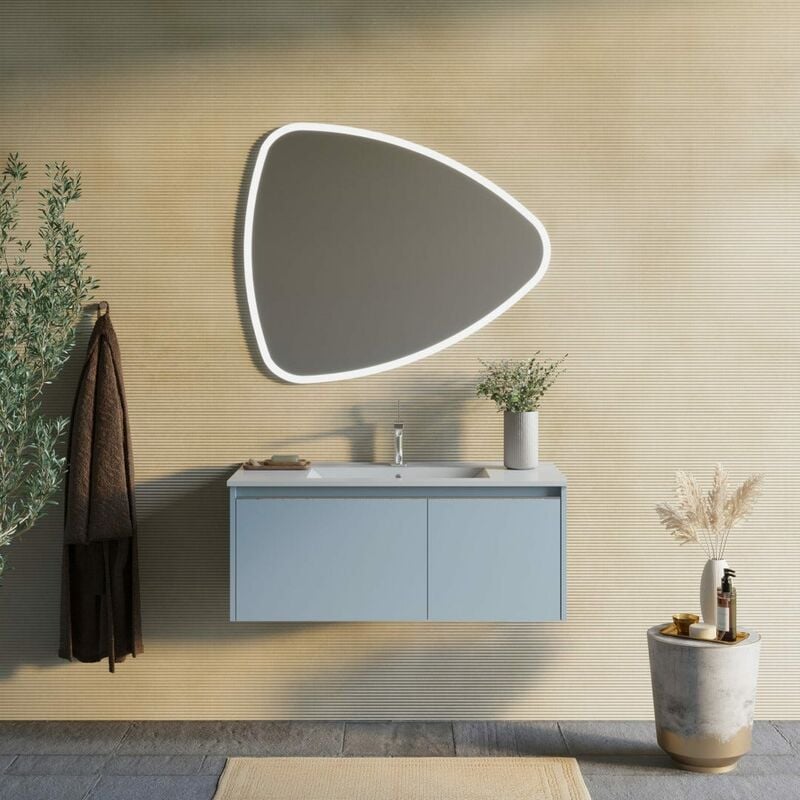foto del prodotto kiamami valentina mobile bagno sospeso con lavabo 100cm blu opaco, specchio a led monaco