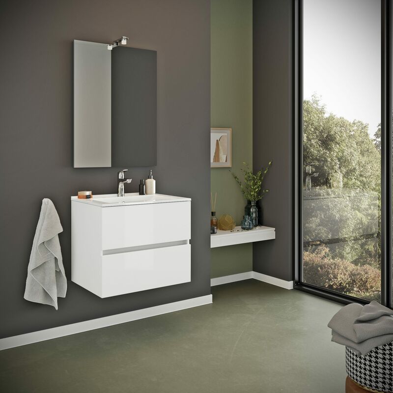 foto del prodotto kiamami valentina mobile bagno sospeso con lavabo 60cm e cassetti bianco lucido benaco