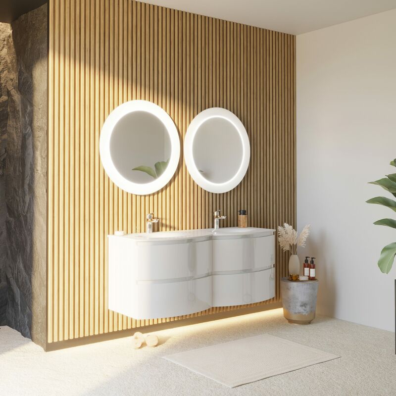 foto del prodotto kiamami valentina mobile bagno sospeso curvo 140 cm bianco lucido con 2 specchi led los angeles