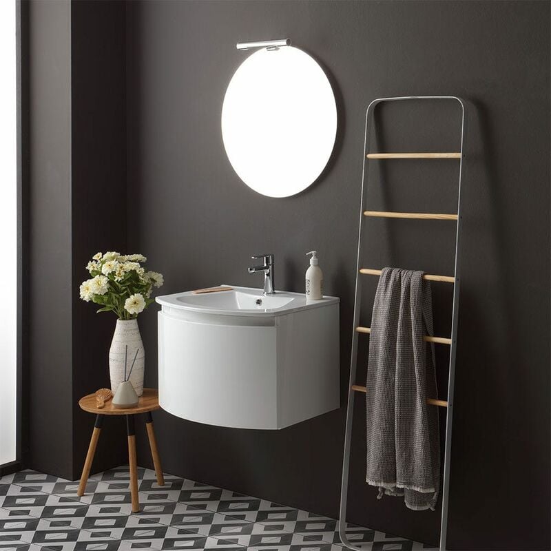 foto del prodotto kiamami valentina mobile bagno sospeso curvo bianco 62cm con specchio tondo riva