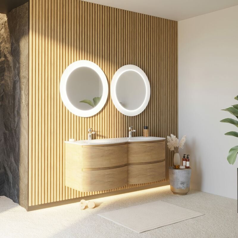 foto del prodotto kiamami valentina mobile bagno sospeso curvo da 140cm in rovere doppio lavabo in resina los angeles