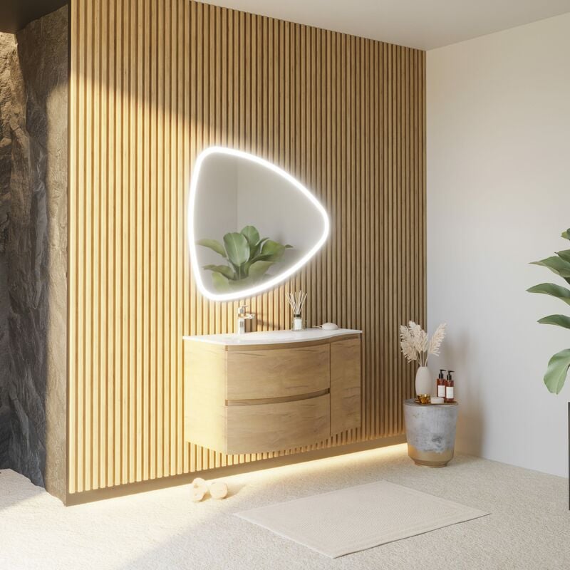 foto del prodotto kiamami valentina mobile bagno sospeso curvo rovere miele 105cm con specchio a goccia los angeles