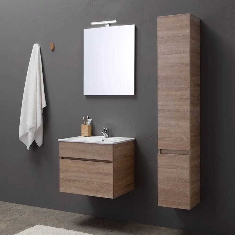 foto del prodotto kiamami valentina mobile bagno sospeso da 60 cm con cassetto, specchio e lavabo quercia sole