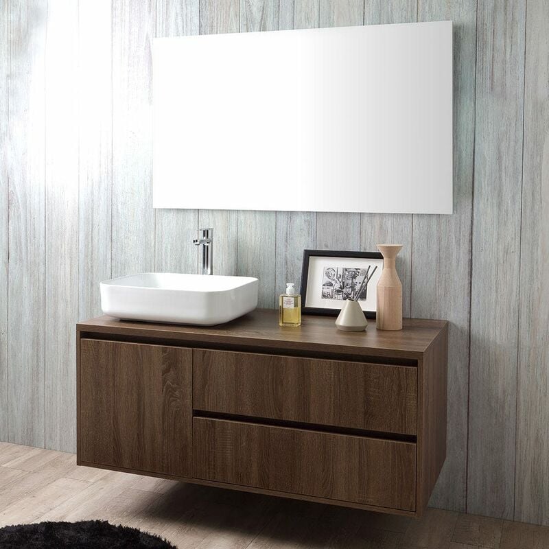 foto del prodotto kiamami valentina mobile bagno sospeso effetto legno noce scuro 120cm e specchio a filo siena