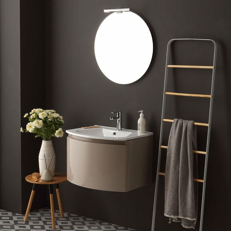 foto del prodotto kiamami valentina mobile bagno sospeso linea curva cm 62 cappuccino lucido specchio tondo riva
