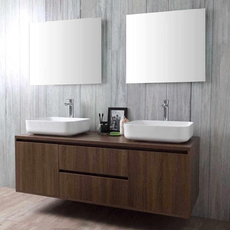 foto del prodotto kiamami valentina mobile bagno sospeso noce scuro doppio lavabo da appoggio specchio siena