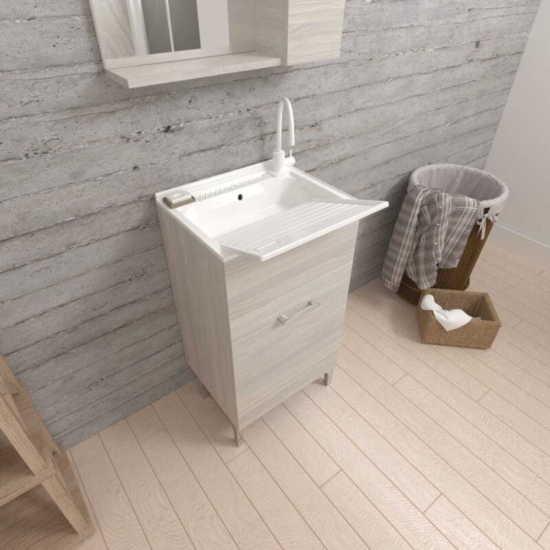 foto del prodotto kiamami valentina mobile lavatoio per lavanderia 45cm con 1 anta quercia grigio pratico