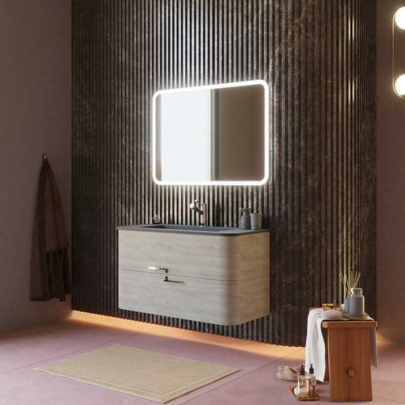 foto del prodotto kiamami valentina mobile sospeso bagno 100 cm rovere artico lavabo in resina nero hollywood