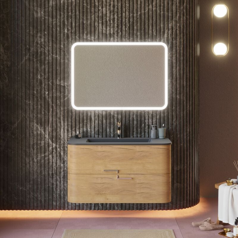 foto del prodotto kiamami valentina mobile sospeso bagno 100cm rovere miele, lavabo nero e specchio hollywood