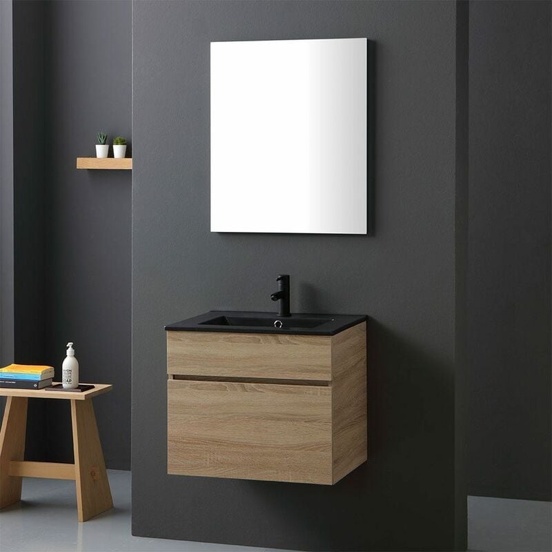 foto del prodotto kiamami valentina mobile sospeso quercia naturale per bagno 60cm lavabo nero opaco sole