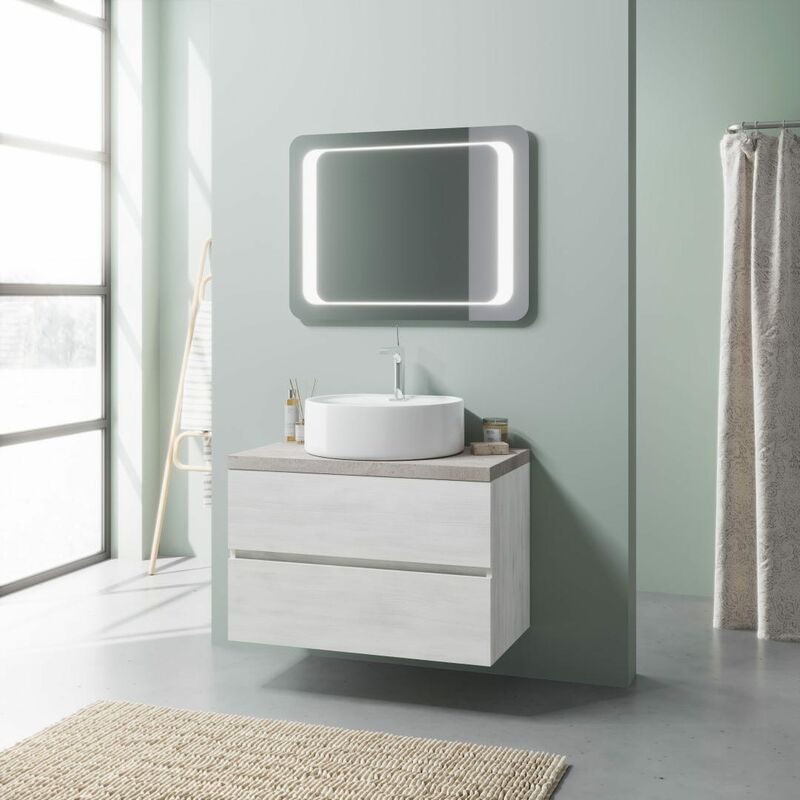 foto del prodotto kiamami valentina mobile sottolavabo sospeso 80 cm rovere bianco e specchio led 80x60 elba