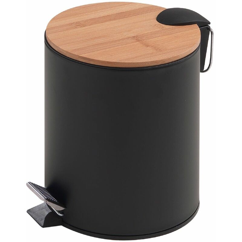 foto del prodotto kiamami valentina pattumiera bagno rotonda a pedale 3l nero bambu soft close metallo e bambu ortensia