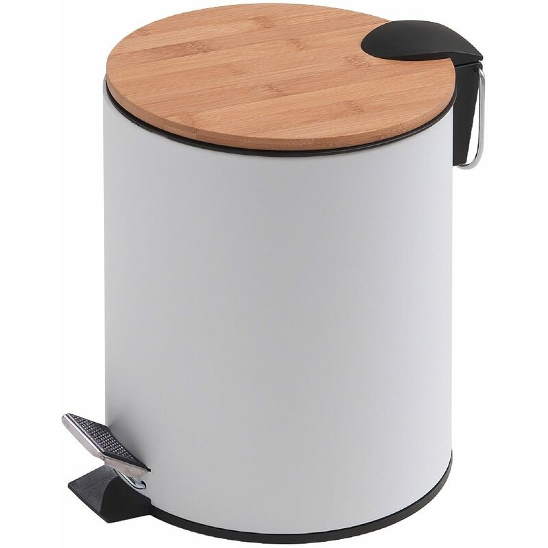 foto del prodotto kiamami valentina pattumiera bagno rotonda apertura a pedale 5 litri bianco bambu soft close metallo e bambu ortensia