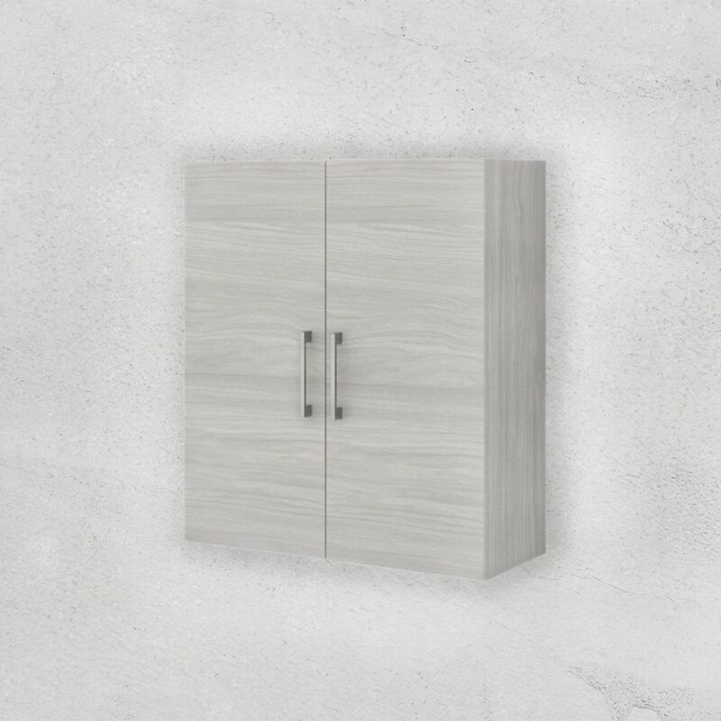 foto del prodotto kiamami valentina pensile bagno sospeso con doppia anta quercia grigio e maniglia in abs cromato rimini