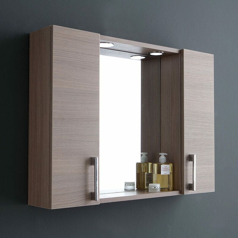 foto del prodotto kiamami valentina specchio bagno contenitore 77cm 2 pensili rovere fumo