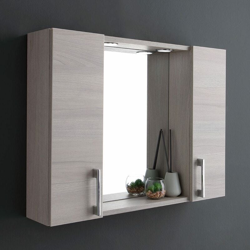 foto del prodotto kiamami valentina specchio bagno contenitore con due pensili legno rovere grigio e led