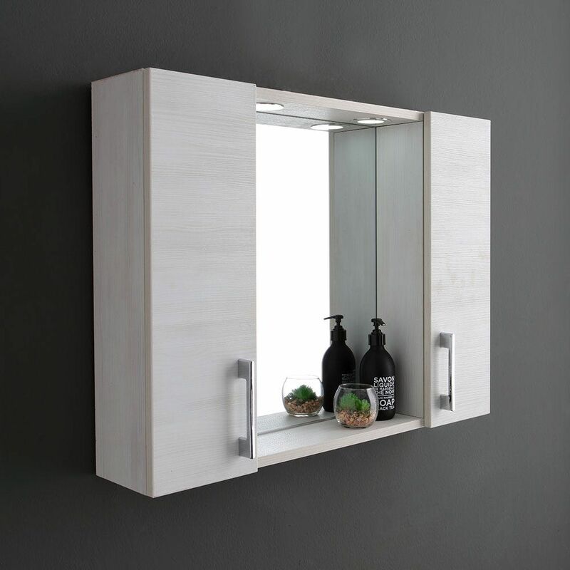 foto del prodotto kiamami valentina specchio bagno contenitore con due pensili rovere bianco e luce led